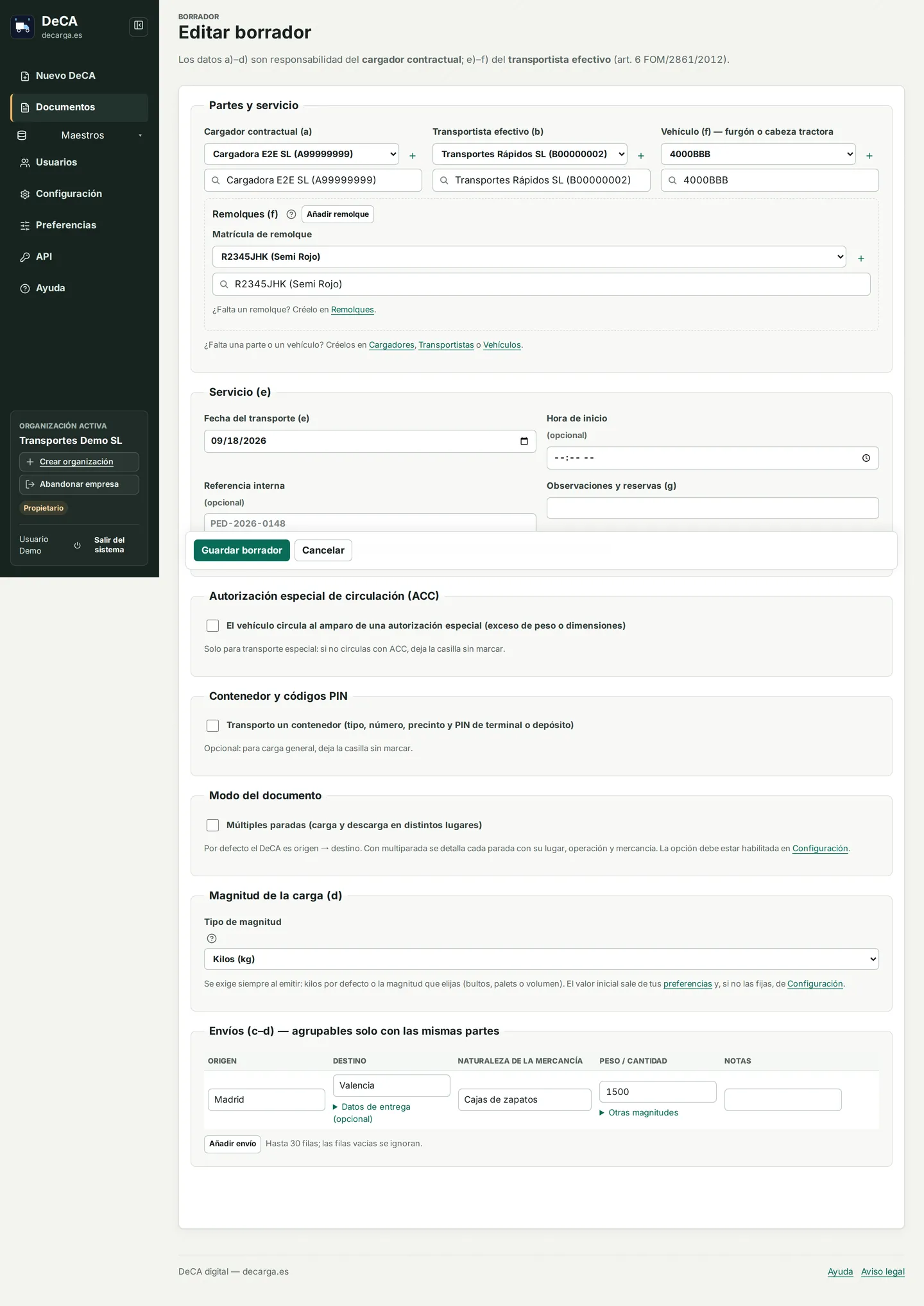 Editor de borrador con filas de envíos y partes del transporte