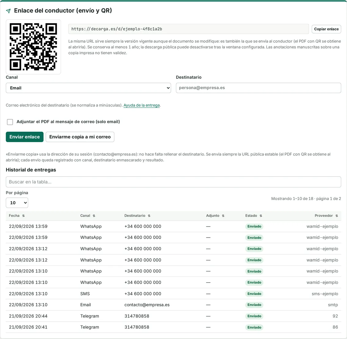 Tarjeta de enlace del conductor con QR, URL pública, envío multicanal e historial de entregas
