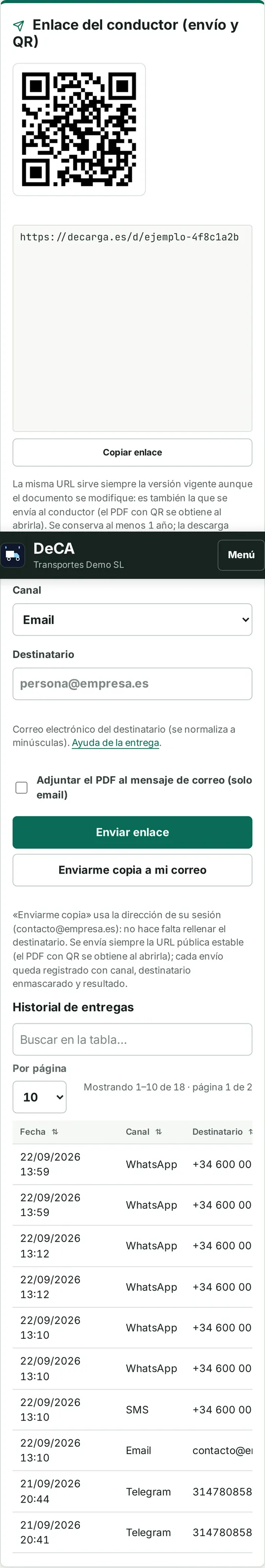 Enlace y QR del DeCA en el móvil