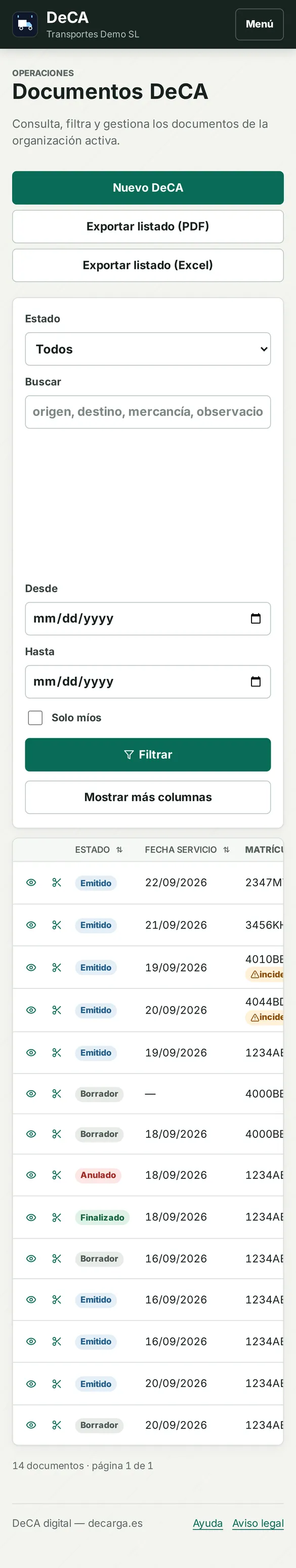Listado de DeCA en el móvil