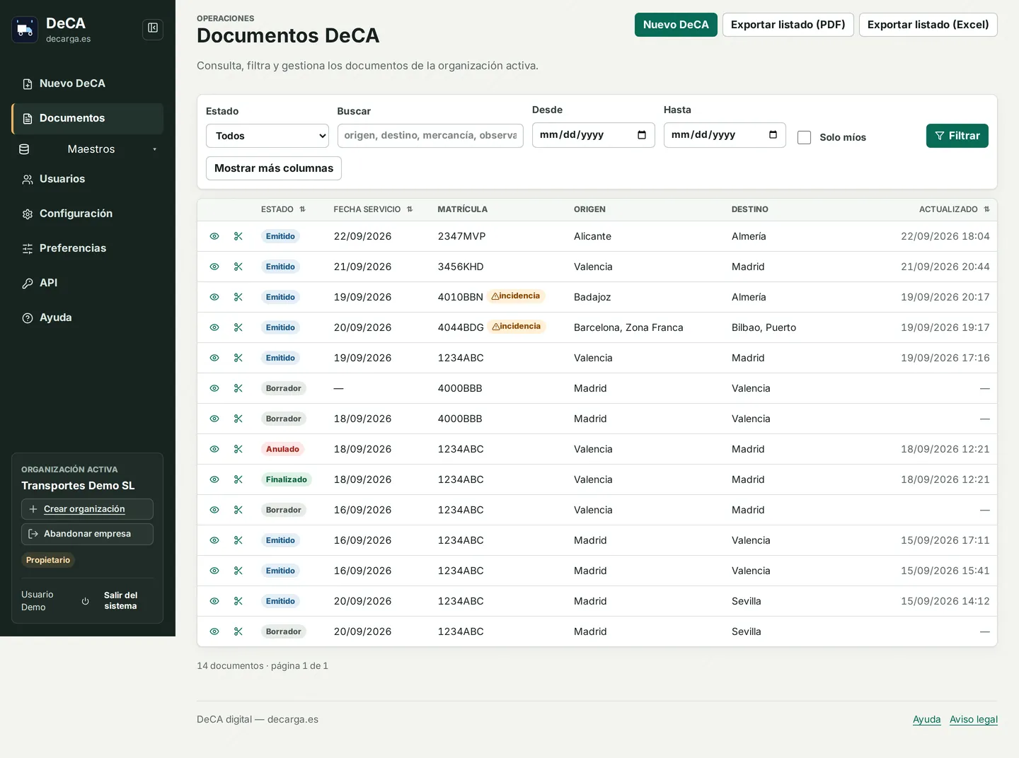 Listado de DeCA con estados, matrícula, origen, destino y exportación
